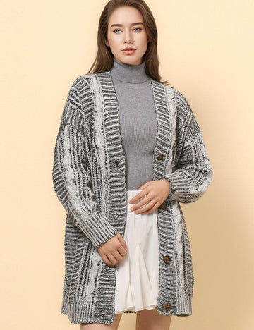 Ladies Thigh Length V-neck Botton Sweater Carsigan SKT4818