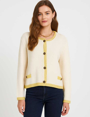 Ladies Color Block Tweeed Round Neck Button Knit Cardigan
