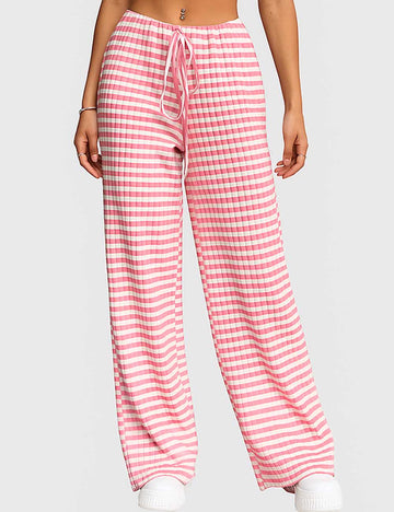 Ladies Color Block Striped String Tie Wide Leg Pants
