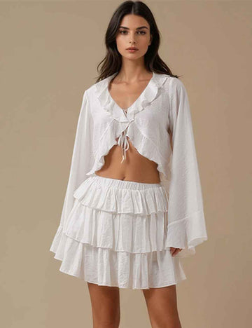 Ladies V-Neck Long Sleeves Ruffle Top & Skirt Set