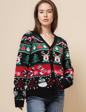 Ladies V-Neck Man Sweater Deer and Snow Cardigan SKT4929