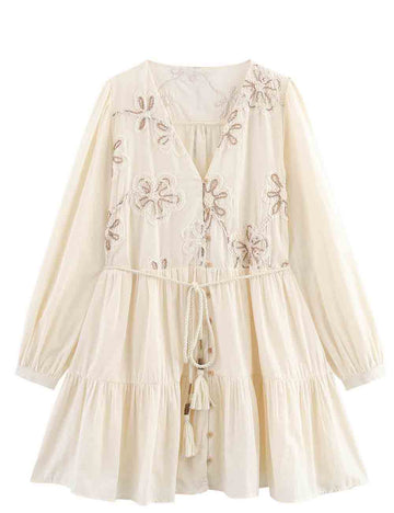 Ladies V-Neck Floral Embroidery Gathering Tie Waist Mini Dress