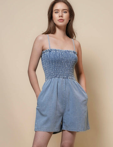 Ladies String Shoulder Smocking Denim Romper SKJ50064