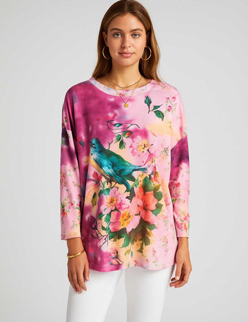 Ladies Casual Bird Floral Print Pullover T-Shirt