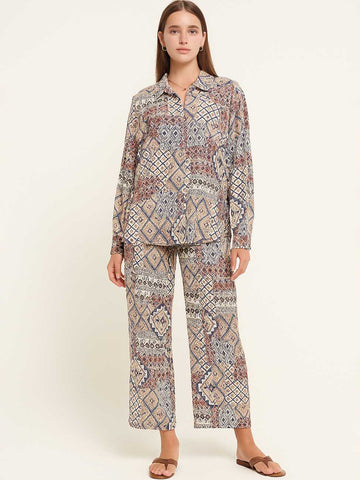Women Bohemia Print Botton Down Shirt Pants 2PCS Set