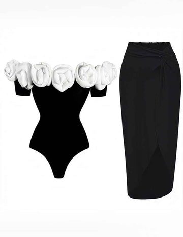 Ladies Off-Shoulder Stereoscopic Flower One Piece Swimwear with Salong