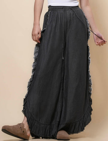 Ladies Ruffle Edge Wide Leg Elastic Waist Pants SKP41147