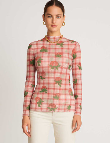 Women Strawberry Checked Layring Top See Sheer Blouse