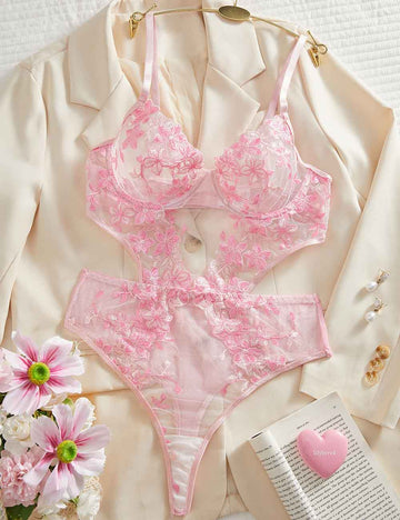 Ladies Sexy Sheer Floral Embroidery Lingerie Teddy