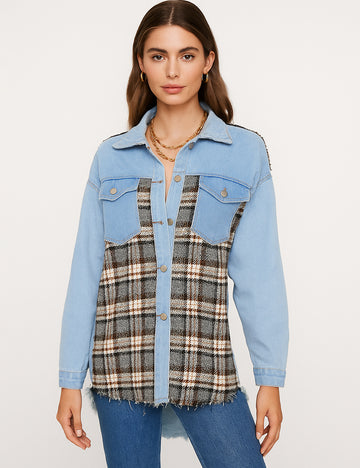 Ladies Plaid Patchwork Button Down Denim Jacket