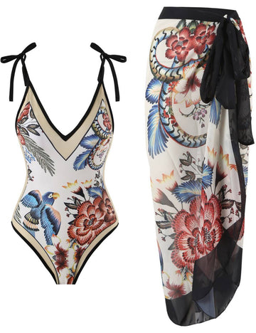 Two String Shoulder Floral Cover Swimsuit SKSW40144