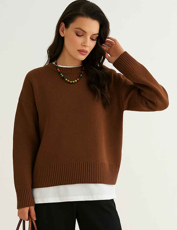 Ladies Round Neck Pullover Solid Color Basic Knit Sweater