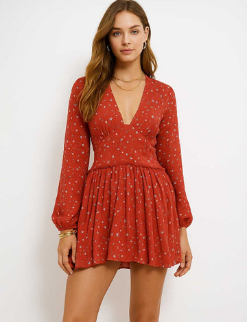 Women V-Neck Back Cut Out String Tie Floral Mini Dress