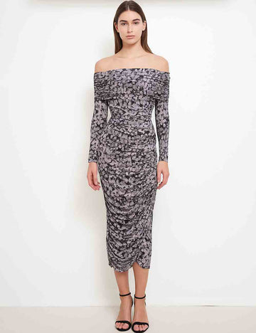 Ladies Floral Print Off-Shoulder Wrinkle Mesh Maxi Dress
