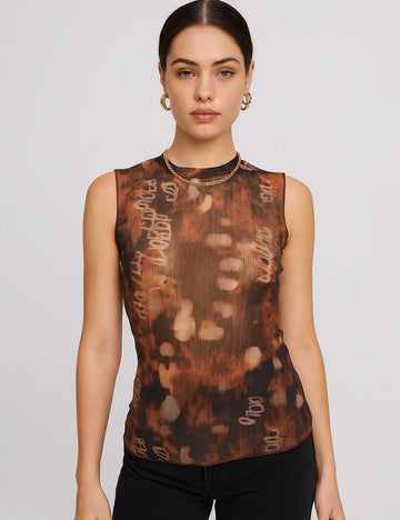 Women Turtle Neck Print See Sheer Layering Tank Top