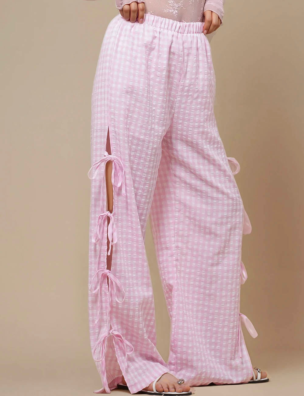 Ladies Gingham Elastic Waist Wide Leg Pants 60052