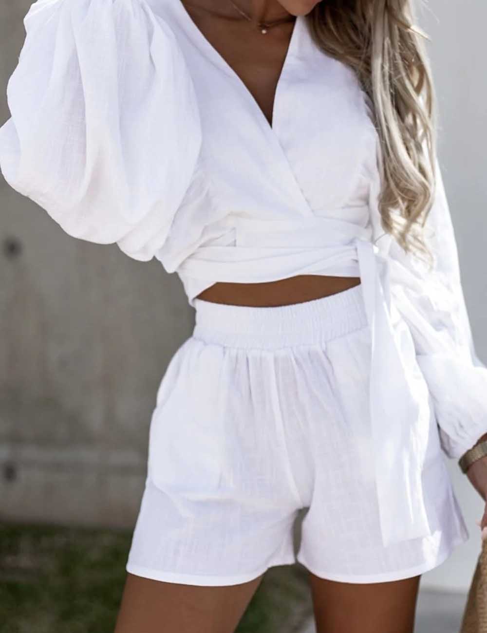 Ladies V-Neck Wrinkle String Tie Long Sleeves Top & Shorts Set