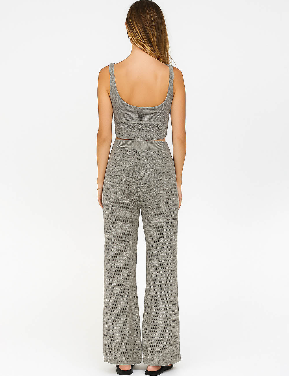 Ladies Solid Color Hollow Out Knit Vest & Pants Set