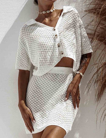 Ladies Polo Collar Knit Eyelet Cropped Top & Skirt Set