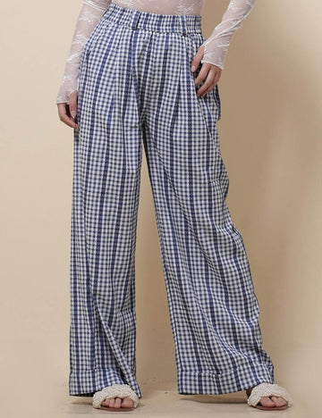 Ladies Checked Elastic Waist Wide Leg Pants SKP51102