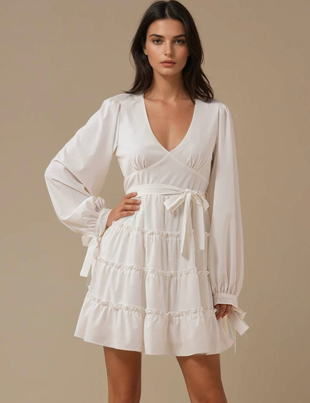 Ladies Ruffle Waist Tie White Mini Dress SKD5CF96