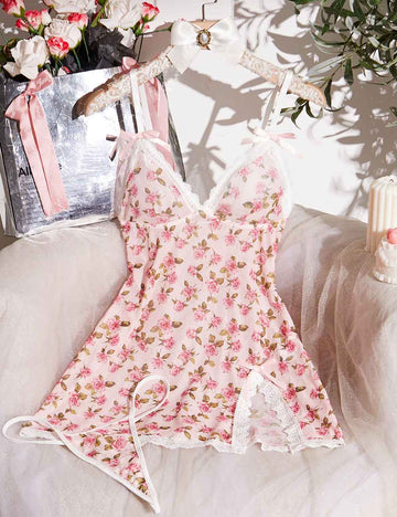 Ladies Sexy Rose Print Mesh Chemise Thong Lingerie Set