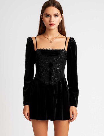 Ladies Velvet Sequin Square Neck Puff Sleeves Mini Dress