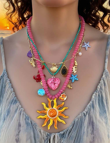 Ladies Boho Colorful 3PCS Layer Sun Face Pendant Necklace