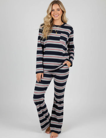 Ladies Multi Color Striped Round Neck Top & Pants Set