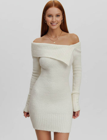 Ladies Off-Shoulder Hip Wrap Knit Mini Dress