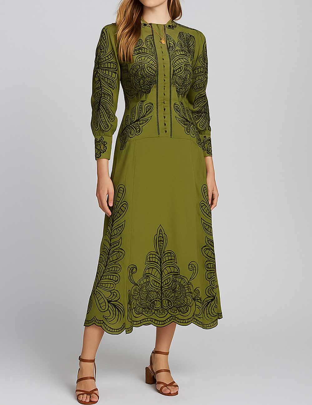Ladies Color Block Embroidery Round Neck Long Sleeves Maxi Dress