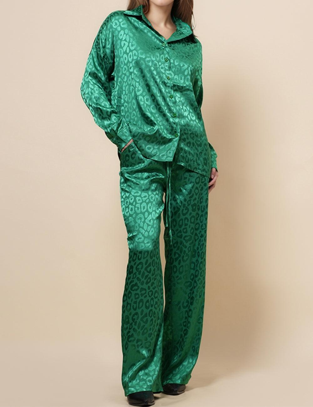 Ladies Leopard Satin Trundown Collar 2PCS Pants Set SKST4960