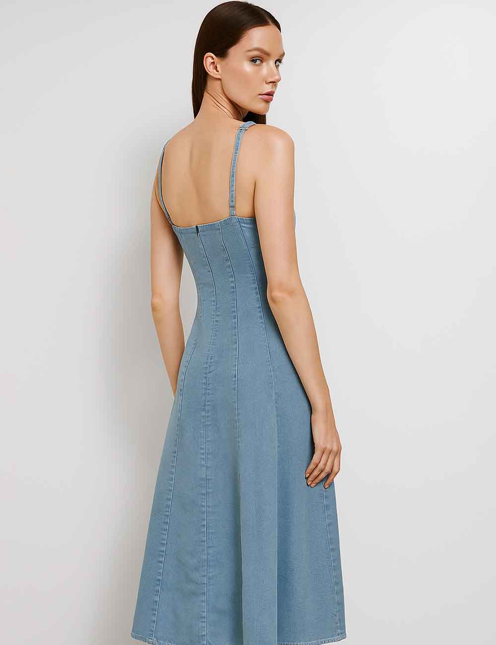Ladies Sequin Sweetheart Neckline Sleeveless Denim Midi Dress