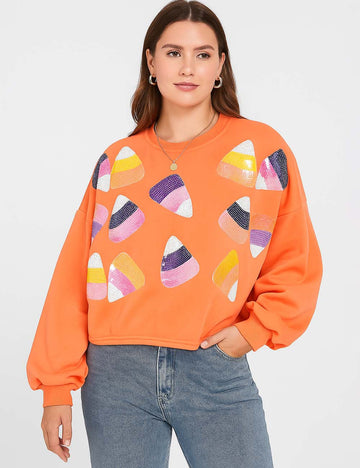 Ladies Halloween Sequin Round Neck Long Sleeves Sweatshirt
