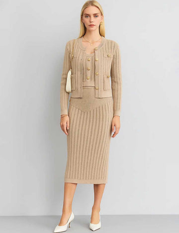 Ladies Solid Color Knit Vest & Cardigan & Skirt 3PCS Set
