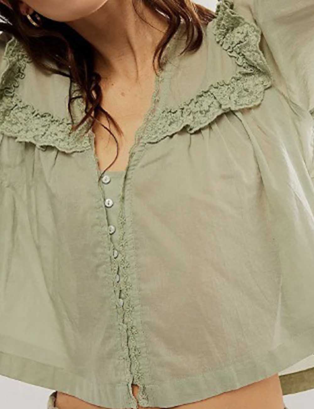 Ladies Doll Collar Short Sleeves Lace Button Blouse