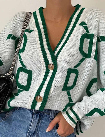Ladies Color Block V-Neck Button Long Sleeves Knit Cardigan