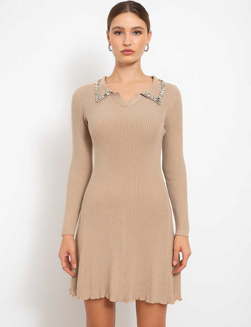 Ladies Rhinestone Peter Pan Collar Ruffled Edge Knit Mini Dress