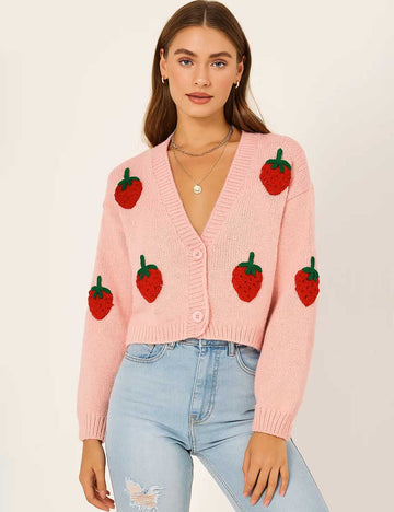 Ladies V-Neck Long Sleeves Strawberry Pattern Button Cardigan