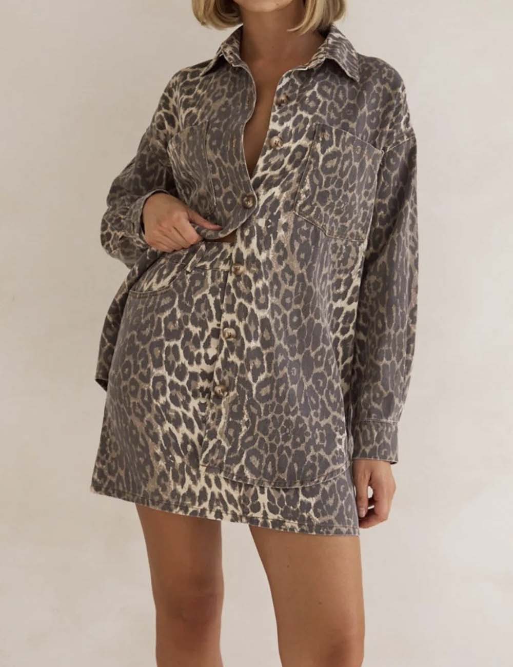 Ladies Leopard Turndown Collar Top & Skirt Denim Set