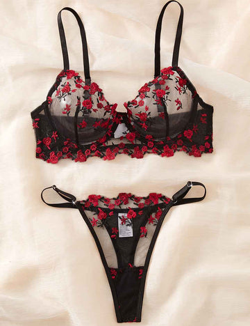 Ladies Sexy Sheer Floral Embroidery Thong 2PCS Lingerie Set