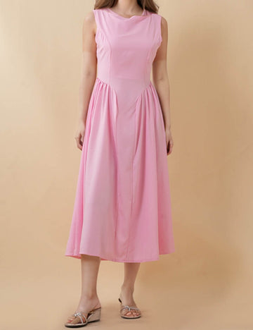 Ladies Solid Color Round Neck Sleeveless Backless Midi Dress