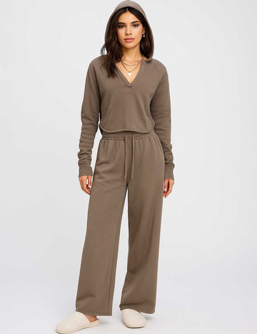 Ladies V-Neck Hooded Wide Leg Sweatshirt & Pants 2PCS Set