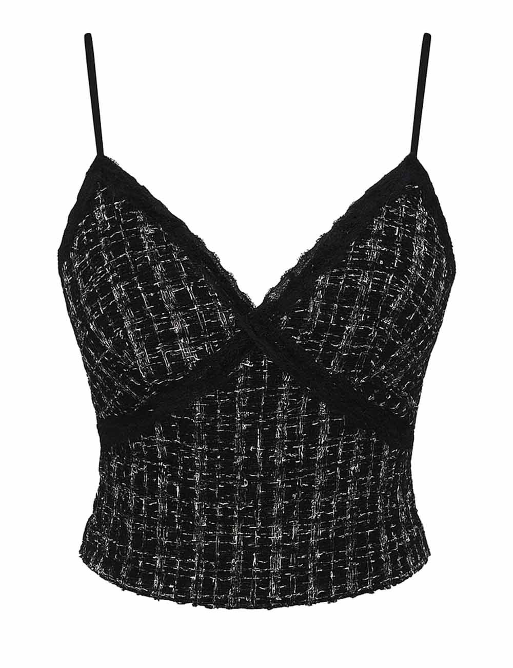 Ladies V-Neck Lace Trim Tweed String Shoulder Corset Top