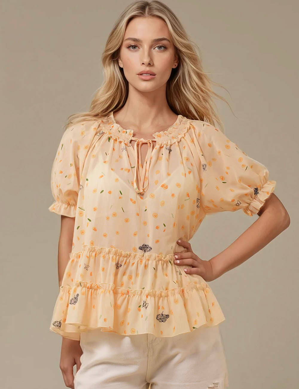 Ladies Floarl Chiffon Sgort Sleeves Citrus Bloom Top SKST5M5T