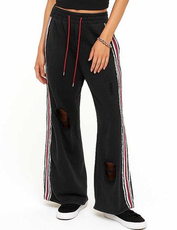 Women Cozy Side Stripe Color Block Distressed Sweatpants