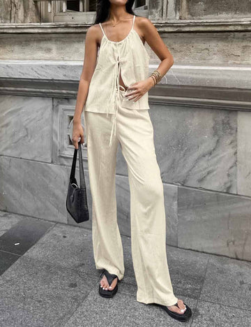 Ladies Solid Color Crinkle String Tie Cami Top & Pants Set