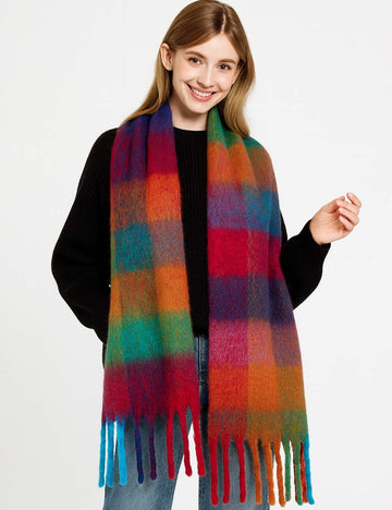 Ladies Warm Colorful Plaid Fringe Knit Scarf