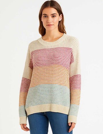 Ladies Multi Color Round Collar Long Sleeves Knit Sweater