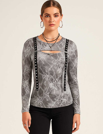 Ladies Sexy Lace Print Cut Out Studded Strap Top